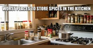 Worst places to store spices in the kitchen showing jars exposed to a hot stove, a wet sink, and a sunny window.