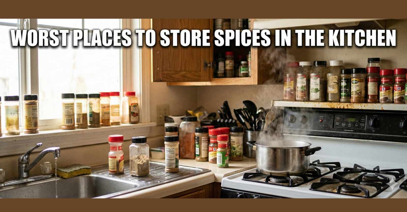 Worst places to store spices in the kitchen showing jars exposed to a hot stove, a wet sink, and a sunny window.