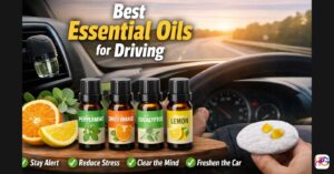Best essential oils for driving displayed with peppermint, sweet orange, eucalyptus, and lemon oils in a car interior with a diffuser.