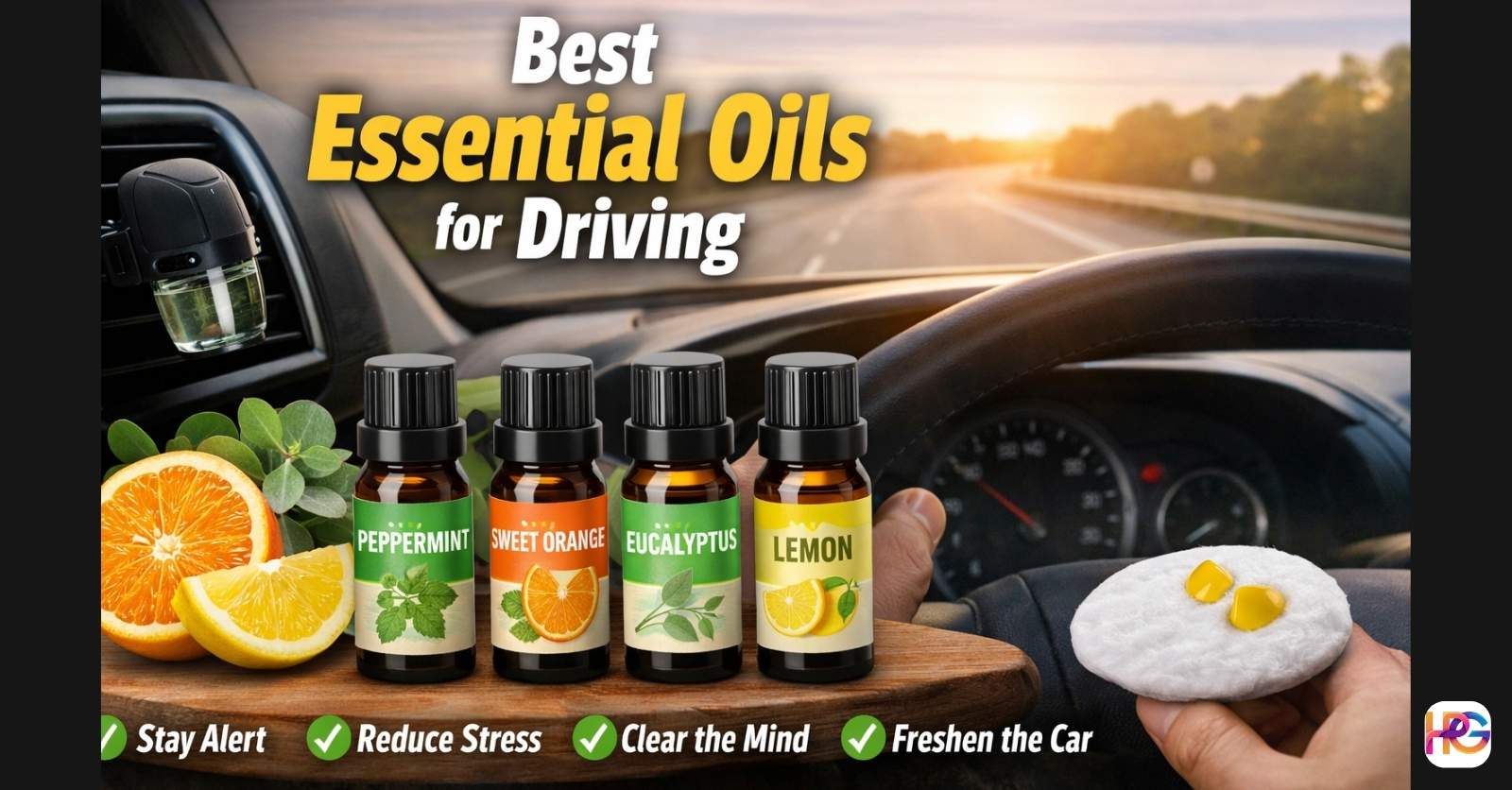 Best essential oils for driving displayed with peppermint, sweet orange, eucalyptus, and lemon oils in a car interior with a diffuser.