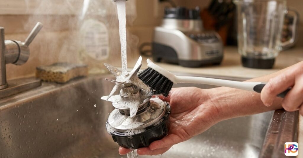 Hands use a scrubbing brush and warm running water to meticulously clean a complex, multi-tiered metal blender blade assembly in a kitchen sink.