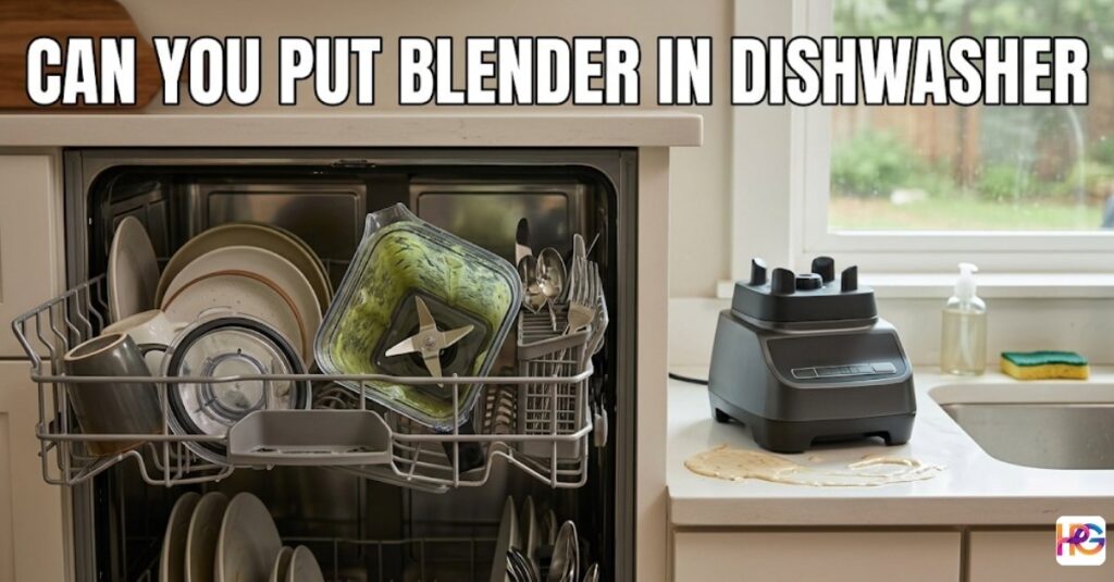 A dirty blender pitcher with green smoothie residue sitting on the top rack of an open dishwasher next to plates and mugs. The motor base sits on a white kitchen counter near a batter spill, with bold white text at the top asking, "CAN YOU PUT BLENDER IN DISHWASHER."