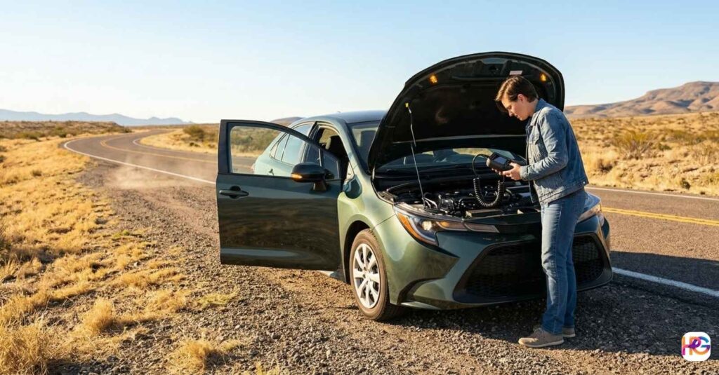 check engine light flashing (1) A driver stands by a green car with an open hood on a sunny desert road. They are using a scan tool to find out what caused the check engine light flashing.