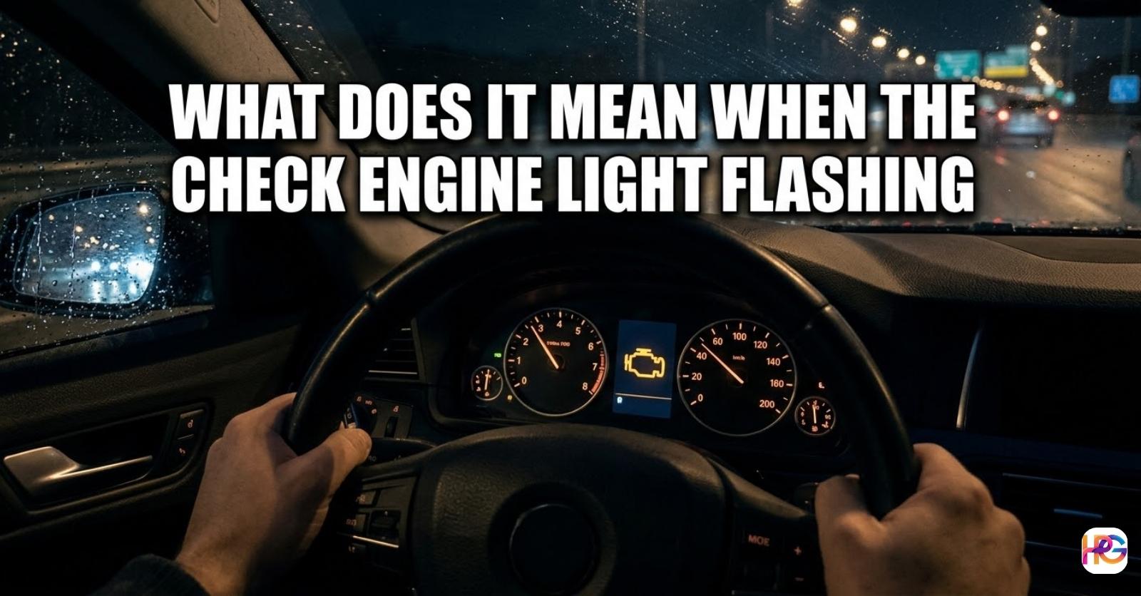 Driver gripping a steering wheel at night with a bright check engine light flashing on the dashboard.