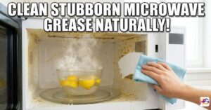 A hand wipes a clean path through stubborn orange grease inside a microwave. A bowl of steaming lemon water sits on the turntable. Bold white text says: CLEAN STUBBORN MICROWAVE GREASE NATURALLY!