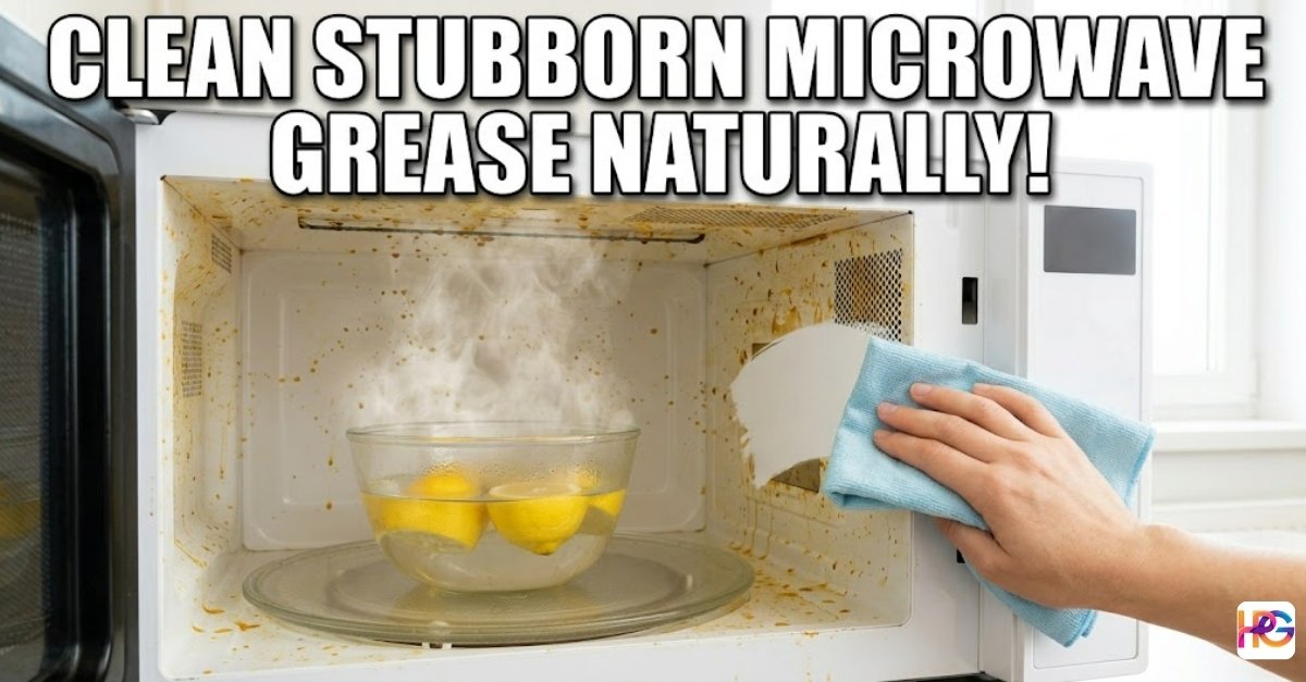 A hand wipes a clean path through stubborn orange grease inside a microwave. A bowl of steaming lemon water sits on the turntable. Bold white text says: CLEAN STUBBORN MICROWAVE GREASE NATURALLY!