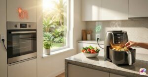 A bright kitchen showing a hand placing fresh vegetables into an air fryer. A glowing green leaf icon hovers near the fryer's plug, while a traditional oven in the background sits beneath a glowing orange power plug icon.