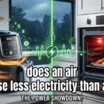 A split-screen image in a modern kitchen compares a running Ninja air fryer on the left (with dollar signs floating from it and an energy meter) against a traditional built-in oven roasting chicken wings on the right (glowing red hot). A green neon energy beam separates them. Large text at the bottom reads, "does an air fryer use less electricity than an oven," with smaller text below reading, "THE POWER SHOWDOWN!" A rainy window is blurred in the background.