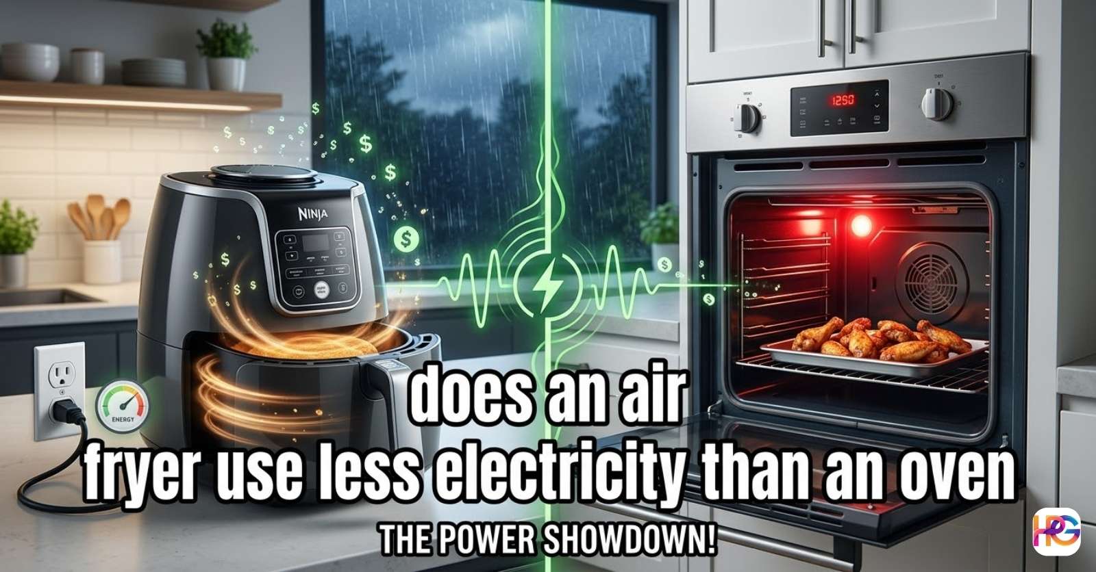 A split-screen image in a modern kitchen compares a running Ninja air fryer on the left (with dollar signs floating from it and an energy meter) against a traditional built-in oven roasting chicken wings on the right (glowing red hot). A green neon energy beam separates them. Large text at the bottom reads, "does an air fryer use less electricity than an oven," with smaller text below reading, "THE POWER SHOWDOWN!" A rainy window is blurred in the background.