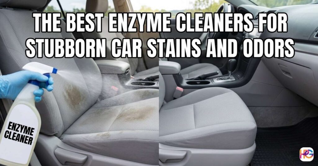 A person spraying an enzyme cleaner for car upholstery onto a stained gray fabric seat to remove deep organic odors.