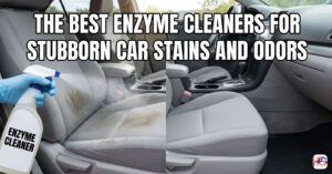 A person spraying an enzyme cleaner for car upholstery onto a stained gray fabric seat to remove deep organic odors.