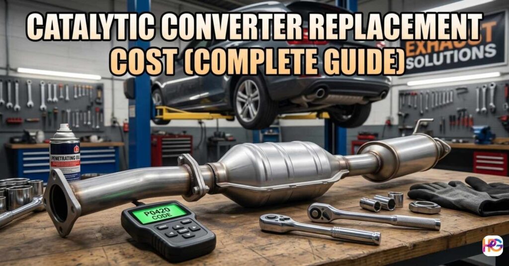 A clean new exhaust part sits on a wood work bench with hand tools.