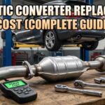 A clean new exhaust part sits on a wood work bench with hand tools.