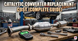 A clean new exhaust part sits on a wood work bench with hand tools.