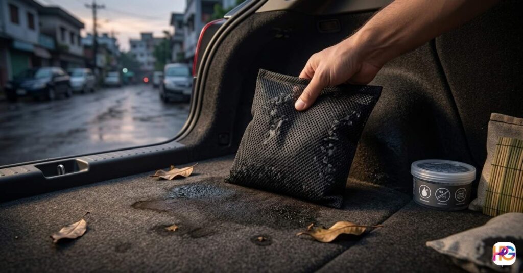 how to get rid of odor in car (1) A close-up of a natural bamboo charcoal purifier bag placed inside a car to naturally absorb and neutralize bad odors.