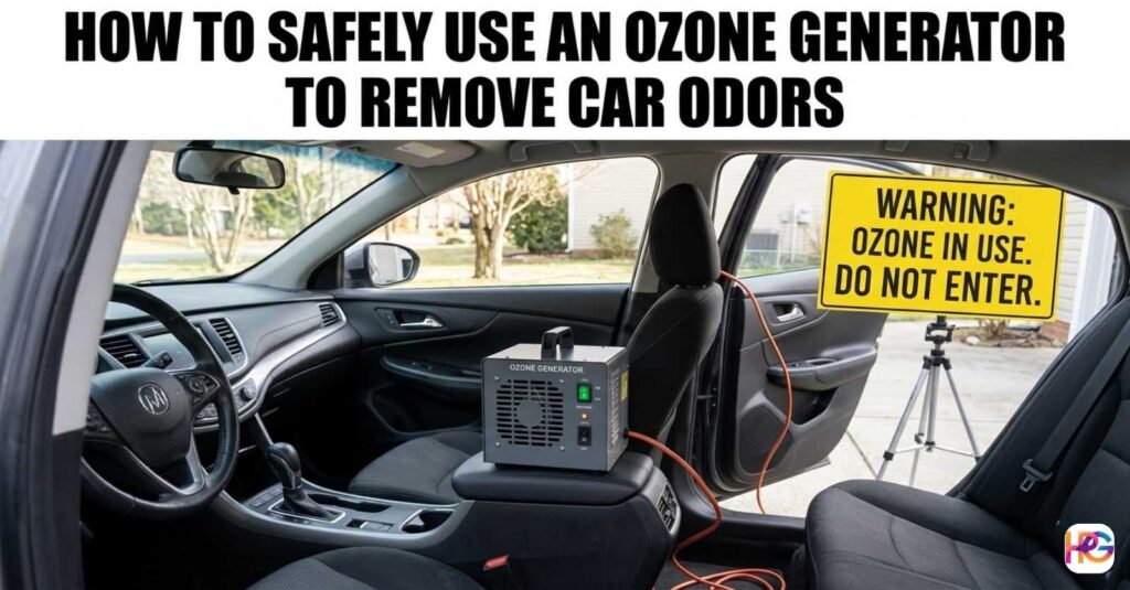 A gray machine sits on a car armrest to show how to use an ozone generator safely with a thick power cord and warning sign.