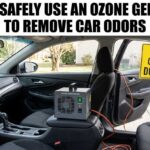 A gray machine sits on a car armrest to show how to use an ozone generator safely with a thick power cord and warning sign.