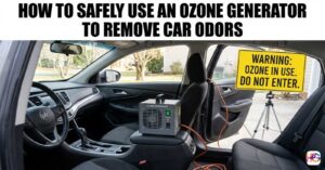 A gray machine sits on a car armrest to show how to use an ozone generator safely with a thick power cord and warning sign.