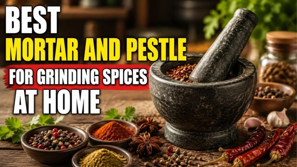 Best mortar and pestle for grinding spices at home, shown with whole and ground spices on a rustic kitchen table.