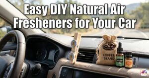 Natural car air freshener display on a dashboard featuring a DIY wooden vent clip, a burlap coffee bean pouch, and peppermint essential oil.