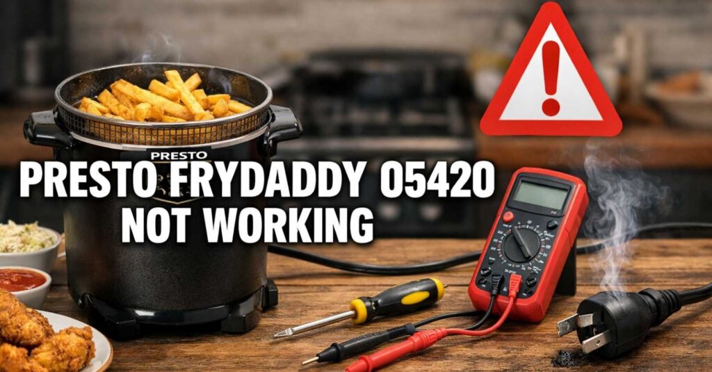 Presto FryDaddy 05420 deep fryer not working on kitchen table with fries, warning sign, multimeter, screwdriver, and damaged power plug showing troubleshooting concept.