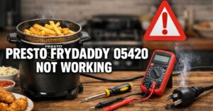 Presto FryDaddy 05420 deep fryer not working on kitchen table with fries, warning sign, multimeter, screwdriver, and damaged power plug showing troubleshooting concept.