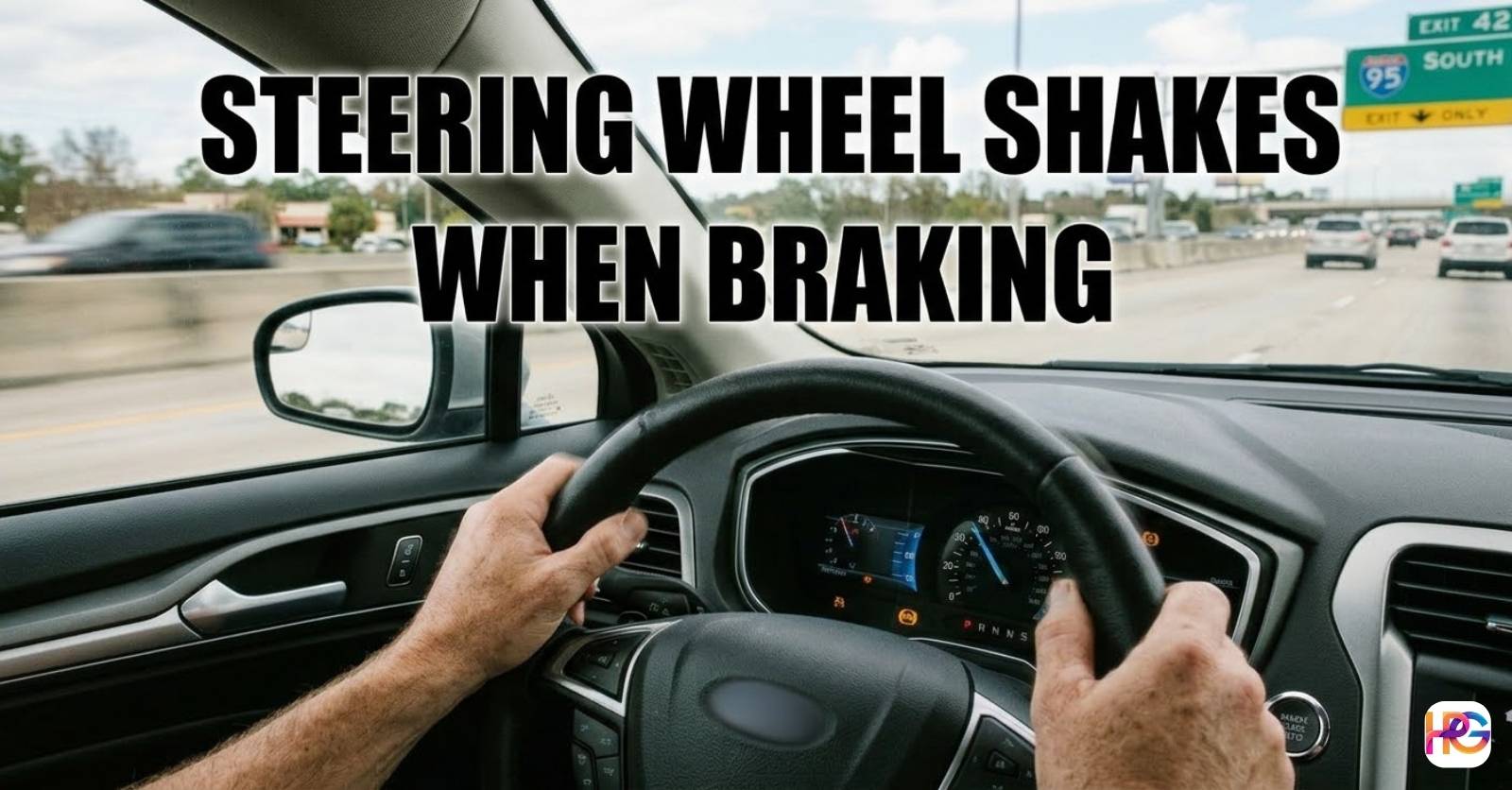 A person holds a steering wheel tightly on a busy highway with big text that says steering wheel shakes when braking.