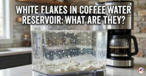 Close-up of a clear coffee maker water reservoir filled with chalky white flakes and mineral deposits.