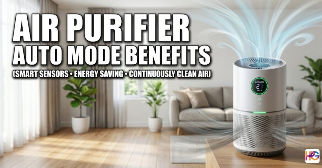 A sleek white air purifier in a sunlit modern living room with bold text overlay reading "AIR PURIFIER AUTO MODE BENEFITS" and subtext highlighting smart sensors and energy savings.