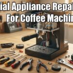 Essential Appliance Repair Tools For Coffee Machine — A high-angle shot of an open espresso machine on a wooden workbench surrounded by screwdrivers, pliers, an adjustable wrench, and a digital multimeter.