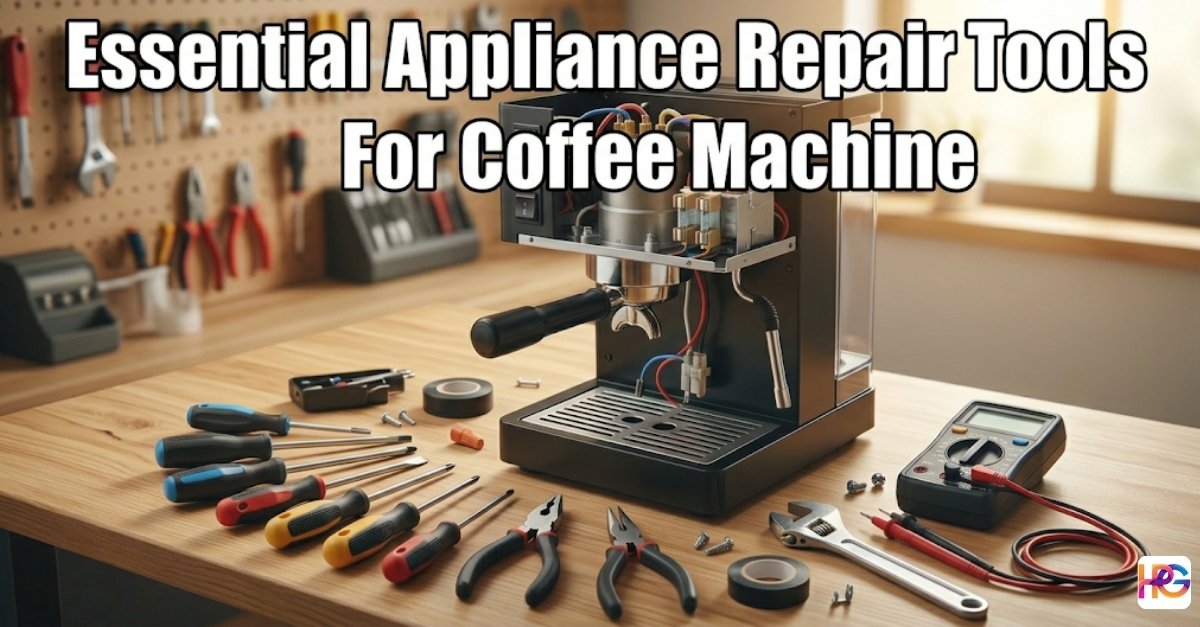 Essential Appliance Repair Tools For Coffee Machine — A high-angle shot of an open espresso machine on a wooden workbench surrounded by screwdrivers, pliers, an adjustable wrench, and a digital multimeter.