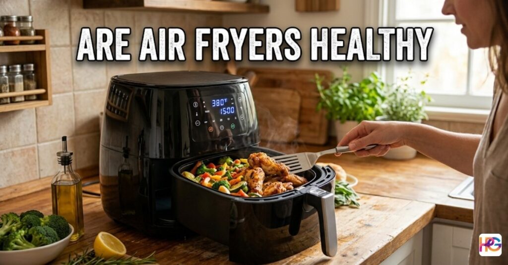 A modern black air fryer on a kitchen counter filled with crispy chicken wings and roasted vegetables. Large white text overlay reads "ARE AIR FRYERS HEALTHY."