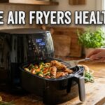 A modern black air fryer on a kitchen counter filled with crispy chicken wings and roasted vegetables. Large white text overlay reads "ARE AIR FRYERS HEALTHY."
