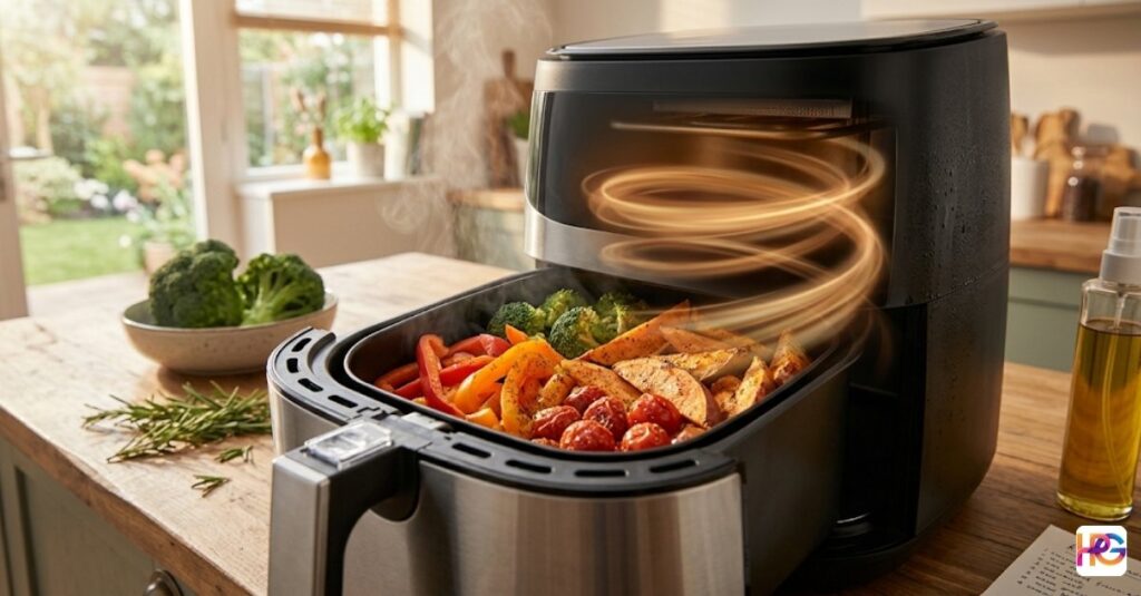 Stainless steel air fryer with an open drawer showing roasted vegetables and a glowing orange vortex of circulating hot air.