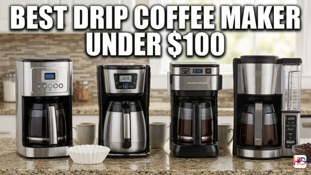 Best drip coffee maker under $100 image showing four stainless steel and black coffee machines lined up on a kitchen counter.