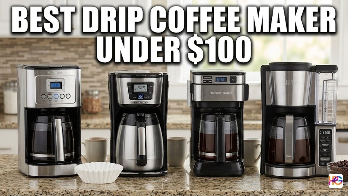 Best drip coffee maker under $100 image showing four stainless steel and black coffee machines lined up on a kitchen counter.