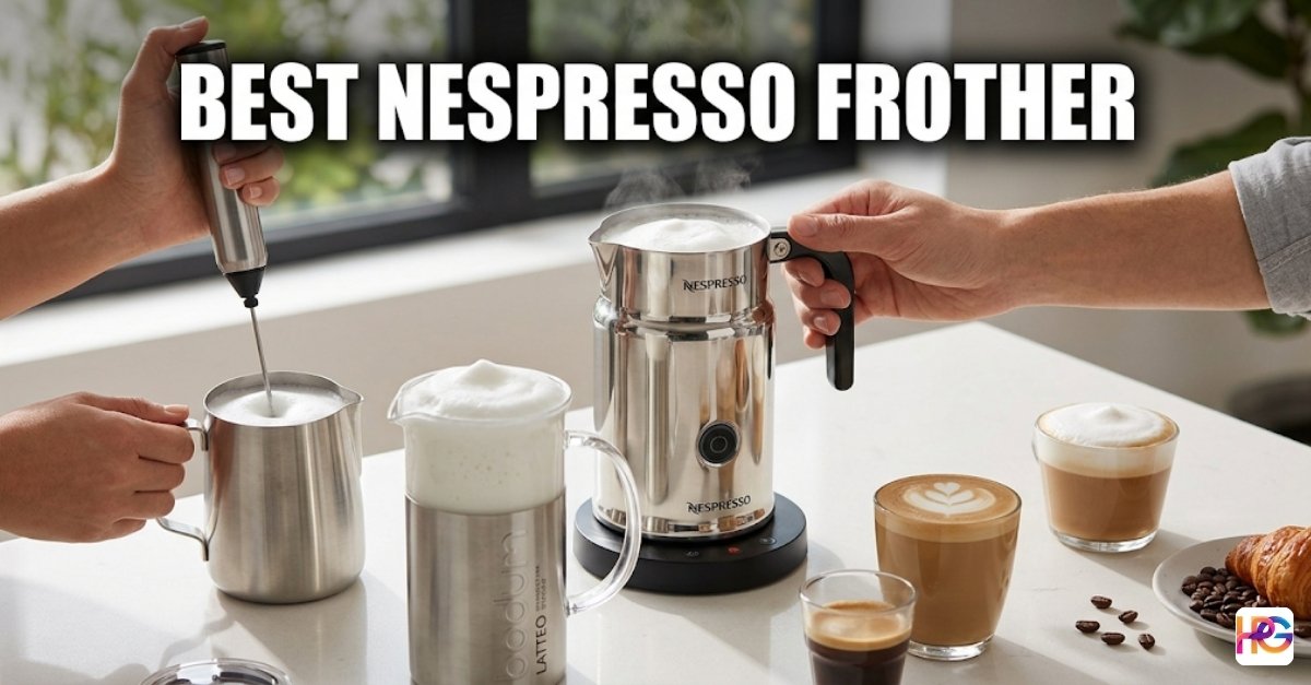 A person uses various coffee tools like a handheld wand and a steel Nespresso electric jug on a white kitchen counter with the text Best nespresso frother.