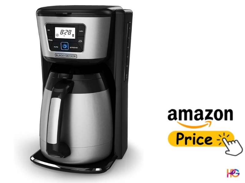 Black+Decker CM2035B thermal drip coffee maker with a stainless steel carafe and Amazon price button.