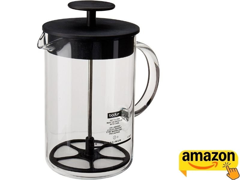 Bodum Latteo glass milk frother with plunger and black lid
