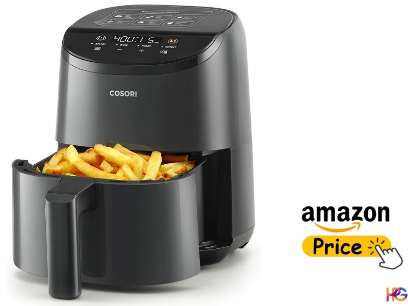 Dark grey COSORI Lite Mini 2.1 Qt air fryer with a basket of French fries and a digital top-mounted display.