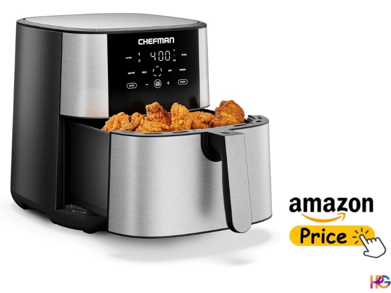Chefman TurboFry 8-Quart Air Fryer with digital touch screen display and open basket filled with crispy fried chicken.