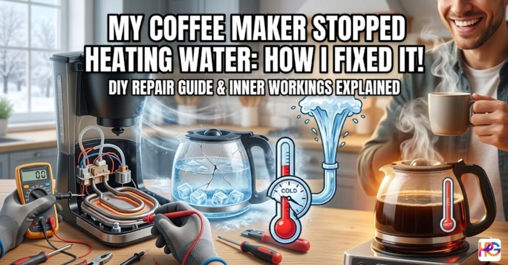 A split-screen style image showing a disassembled coffee maker being tested with a yellow digital multimeter on the left, and a smiling man enjoying a hot cup of coffee on the right. The center features a diagram of water heating from cold to hot. Large Impact font text reads: "MY COFFEE MAKER STOPPED HEATING WATER: HOW I FIXED IT! DIY REPAIR GUIDE & INNER WORKINGS EXPLAINED."