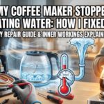 A split-screen style image showing a disassembled coffee maker being tested with a yellow digital multimeter on the left, and a smiling man enjoying a hot cup of coffee on the right. The center features a diagram of water heating from cold to hot. Large Impact font text reads: "MY COFFEE MAKER STOPPED HEATING WATER: HOW I FIXED IT! DIY REPAIR GUIDE & INNER WORKINGS EXPLAINED."