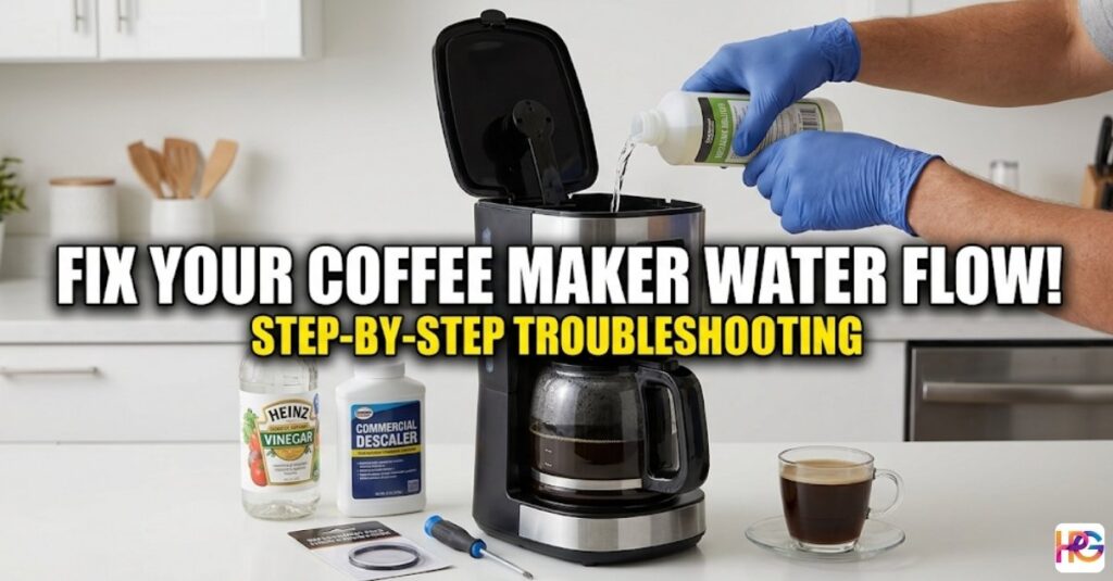 A person in blue gloves pouring descaling liquid into a black and silver drip coffee maker on a clean kitchen counter. Beside the machine are a bottle of white vinegar, a small screwdriver, and a new rubber O-ring. The image includes bold text: "FIX YOUR COFFEE MAKER WATER FLOW! STEP-BY-STEP TROUBLESHOOTING."