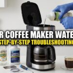 A person in blue gloves pouring descaling liquid into a black and silver drip coffee maker on a clean kitchen counter. Beside the machine are a bottle of white vinegar, a small screwdriver, and a new rubber O-ring. The image includes bold text: "FIX YOUR COFFEE MAKER WATER FLOW! STEP-BY-STEP TROUBLESHOOTING."
