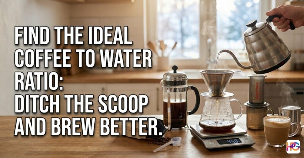 A bright kitchen counter featuring a French press, AeroPress, and a pour-over setup on a digital scale. Text overlay says: "FIND THE IDEAL COFFEE TO WATER RATIO: DITCH THE SCOOP AND BREW BETTER."