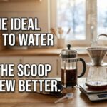 A bright kitchen counter featuring a French press, AeroPress, and a pour-over setup on a digital scale. Text overlay says: "FIND THE IDEAL COFFEE TO WATER RATIO: DITCH THE SCOOP AND BREW BETTER."