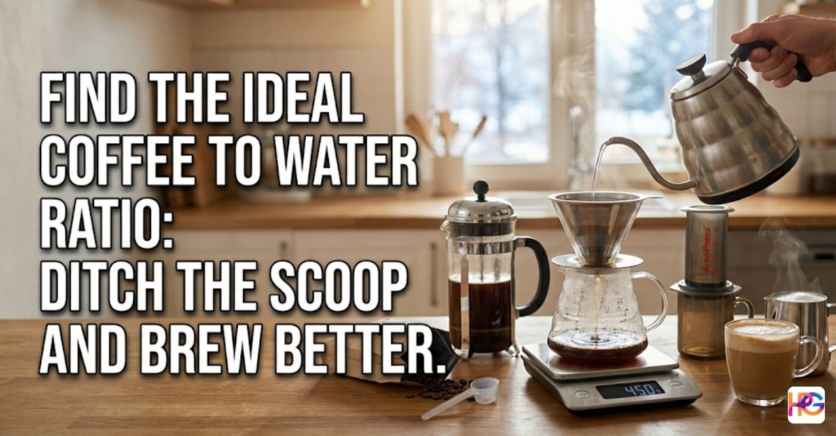 A bright kitchen counter featuring a French press, AeroPress, and a pour-over setup on a digital scale. Text overlay says: "FIND THE IDEAL COFFEE TO WATER RATIO: DITCH THE SCOOP AND BREW BETTER."