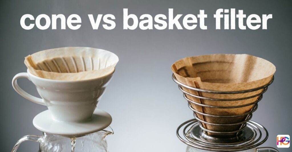 Cone vs basket filter comparison showing white ceramic cone dripper and metal basket filter with brown paper filters over glass carafes