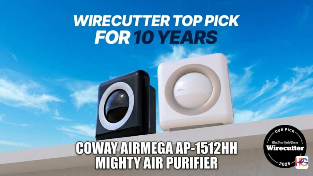 A black and a white Coway Airmega AP-1512HH air purifier under a blue sky.